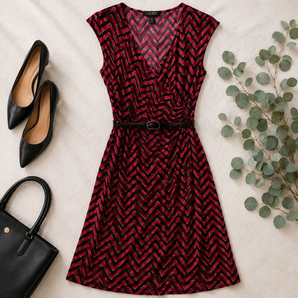 Lauren Ralph Lauren Faux Wrap Belted Dress Red Chevron Women's Medium NWT